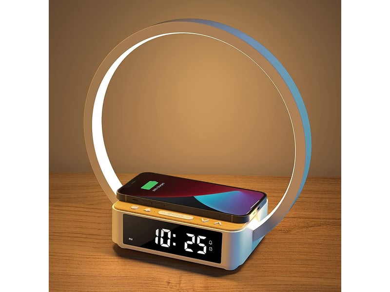  Lampe de chevet chargeur sans fil – avec réveil, tactile, dimmable, couleur bois  - Conforama B