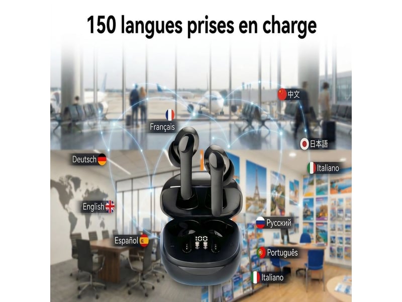 Écouteurs traducteur sans fil bluetooth 144 langues – oreillettes de traduction instantanée en temps réel avec mode hors-ligne, réduction de bruit enc et autonomie 15h – noir - Conforama D