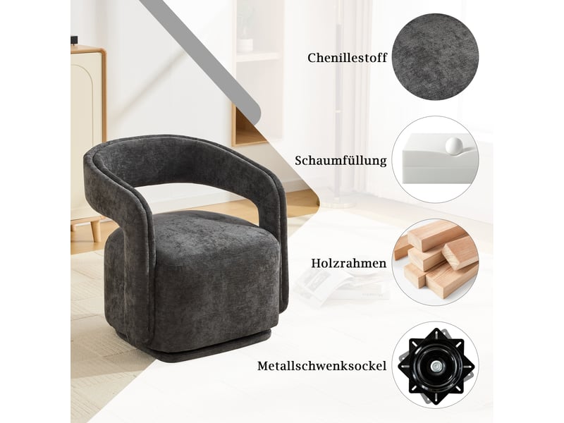  Fauteuil pivotant 360° barrel chair avec dossier ergonomique - lpospi - chenille, bois gris foncé  - Conforama E