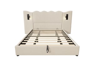 Lit double rembourré 180x200 cm avec table de nuit et lampe et usb-c, lit coffre avec sommier bois massif, velours, beige-blanc