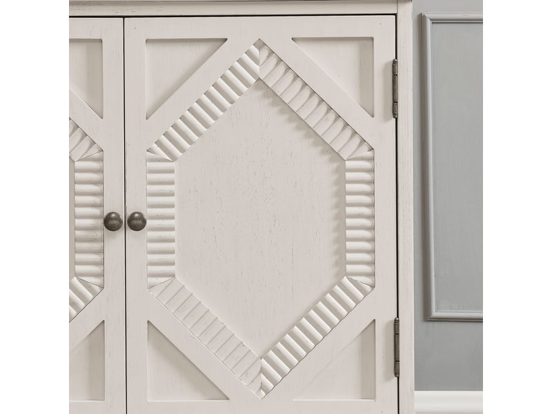  Buffet 33,6 rangement intégré vitrines symétriques accents géométriques bois blanc antique console multimédia  - Conforama D