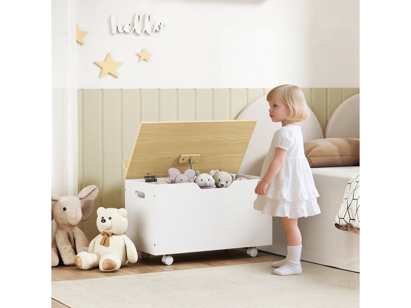 Coffre à jouet enfant sur roulettes, coffre de rangement enfant avec couvercle rabattable, 59 x 30 x 53 cm, blanc - Conforama C