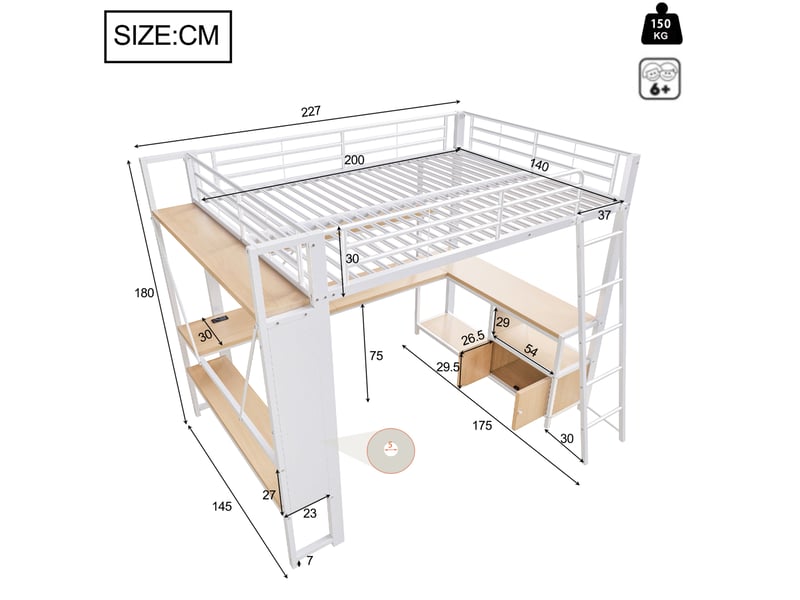  Lit mezzanine 140x200 cm avec bureau, led et rangements blanc  - Conforama C