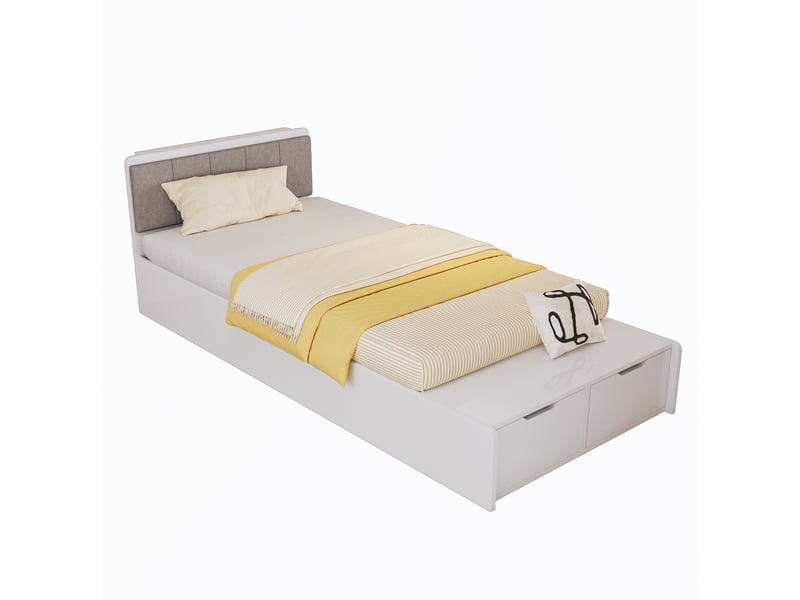  Lit enfant 90 x 200 cm en bois, tête de lit rembourrée, banquette au pied du lit, 2 tiroirs de rangement, pour enfants et adolescents, blanc Bliss Lite - Conforama A