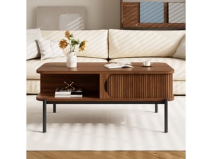 Table basse moderne 100 × 45 × 43 cm avec rangement, portes coulissantes et pieds métal noirs