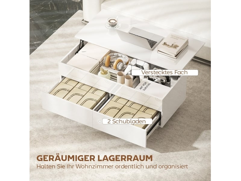  Table basse relevable avec rangement et 2 tiroirs 102 x 48 cm blanc brillant  - Conforama E