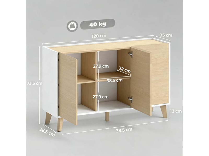  Buffet de cuisine 120x35x73,5 cm, style nordique, 3 portes, 6 compartiments, mdf naturel et blanc, meuble de rangement  - Conforama C
