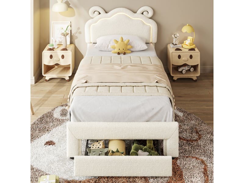 Lit simple avec éclairage led et tiroir gigogne 90 x 200 cm - blanc - canapé-lit en tissu bouclette teddy avec tête de lit motif cornes de bélier - Conforama D