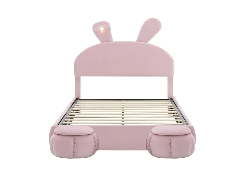  Lit capitonné, lit double, lit hydraulique, oreilles de lapin avec bandes lumineuses à luminosité réglable couleur chaude, espace de rangement sous le lit, deux tabourets de rangement, velours, rose, 140 x 200 cm  - Conforama D