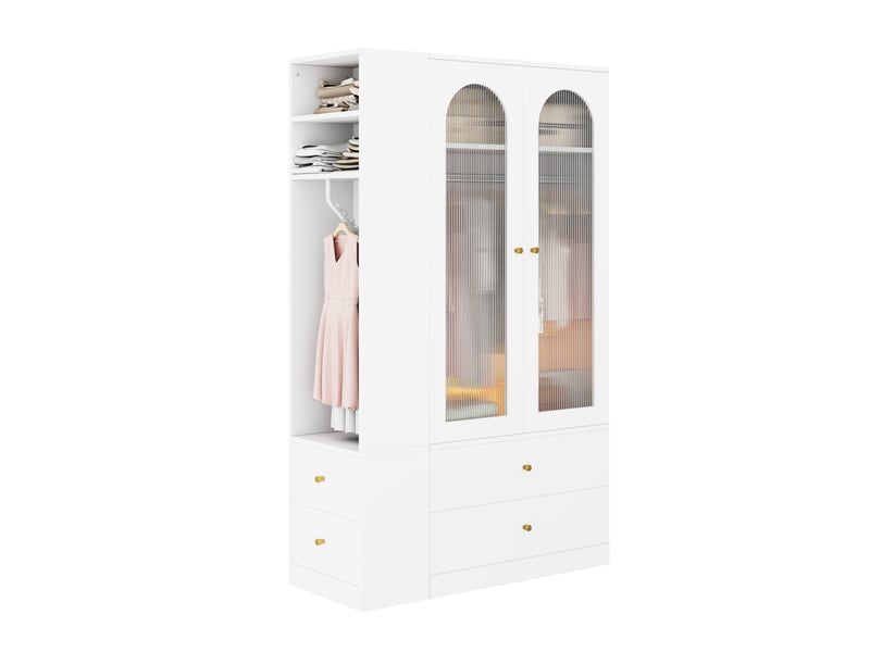  Armoire 120x50x200 cm avec 4 tiroirs, 2 portes en verre et 2 penderies blanche  - Conforama A