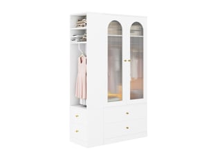 Armoire 120x50x200 cm avec 4 tiroirs, 2 portes en verre et 2 penderies blanche