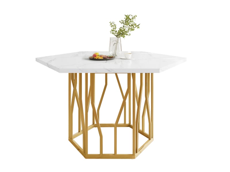  Table à manger hexagonale en marbre, pied métal doré, design moderne, style épuré, salon salle à manger  - Conforama A