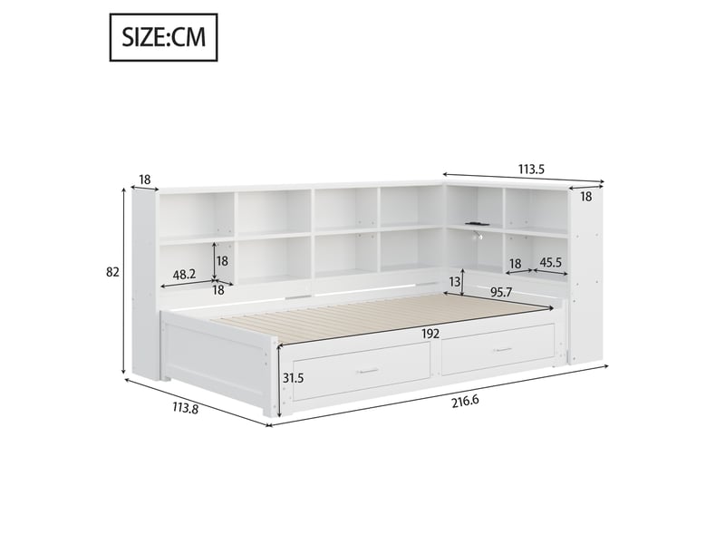  Lit banquette 90x190 cm extensible 180x190 cm – blanc – rangements, prise intégrée - sans matelas  - Conforama E