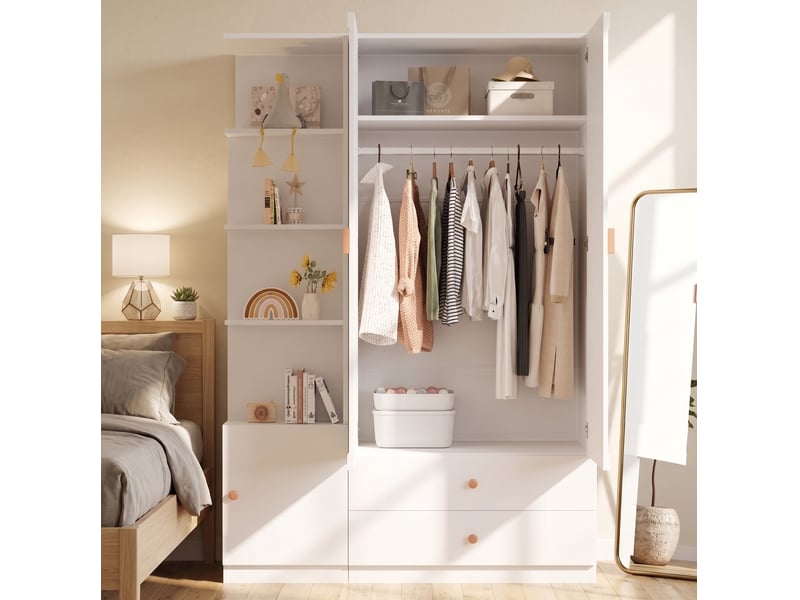 Armoire modenvie blanche 135 x 45 x 200 cm avec 2 tringles, 2 tiroirs et rangement ouvert - Conforama B