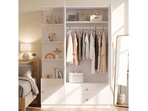 Armoire modenvie blanche 135 x 45 x 200 cm avec 2 tringles, 2 tiroirs et rangement ouvert