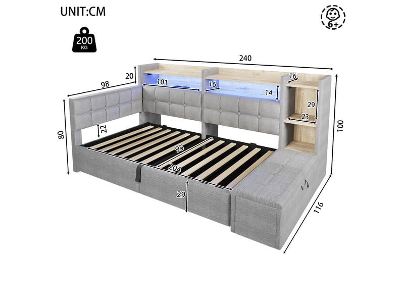  Lit coffre hydraulique 90x200 cm avec led multicolore, usb et usb-c et banc coffre, velours gris, sans matelas  - Conforama C