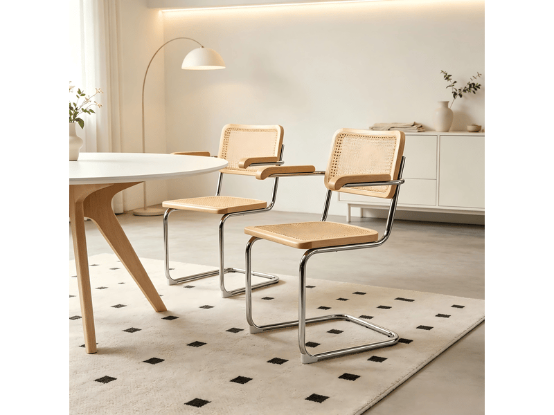  Lot de deux chaises de salle à manger, chaises en bois avec dossier en rotin et pieds chromés, style « brewer » du milieu du siècle, couleur naturelle  - Conforama D