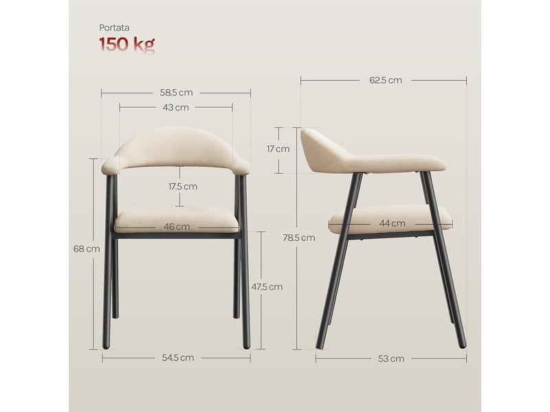  Lot de 2 chaise de salle à manger, beige,en chenille et métal, siège rembourré, dossier et accoudoirs intégrés  - Conforama D
