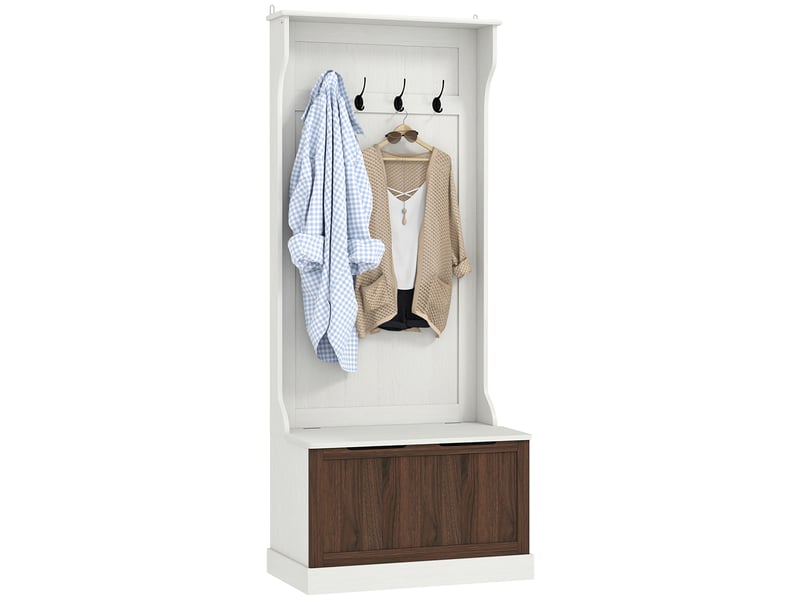 Porte-manteau 3 en 1 avec 4 crochets et banc de rangement, en bois, 71,5 x 39,5 x 170 cm, blanc - Conforama A