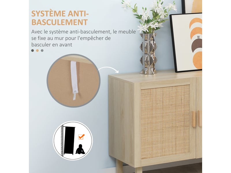  Buffet meuble de rangement placard 3 portes avec étagère réglable effet cannage 136 x 41 x 70 cm - style bohème  - Conforama W