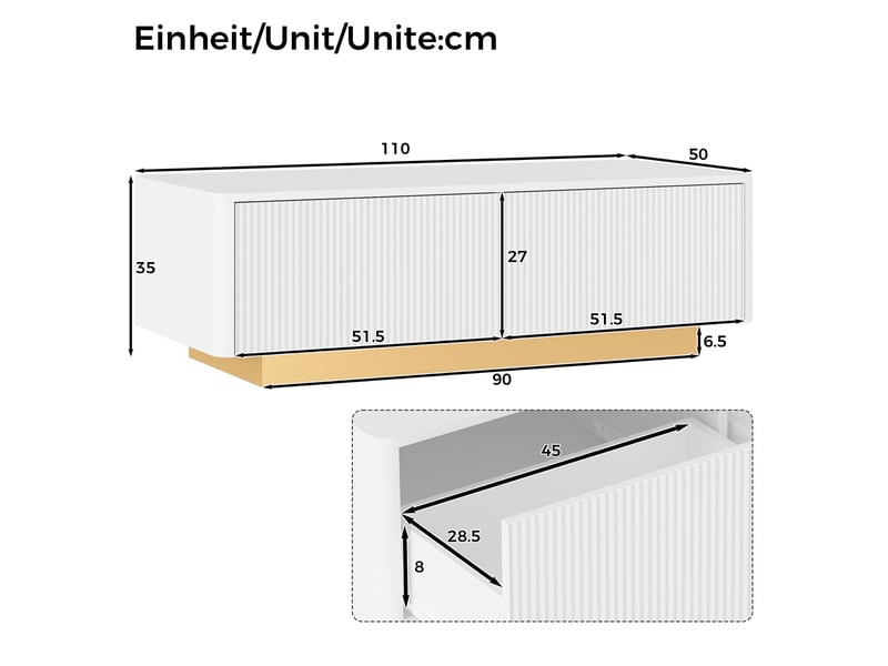  Table basse avec 2 tiroirs, façade rainurée, niches ouvertes et coins arrondis pour salon, en mdf blanc 110×50×35 cm  - Conforama D