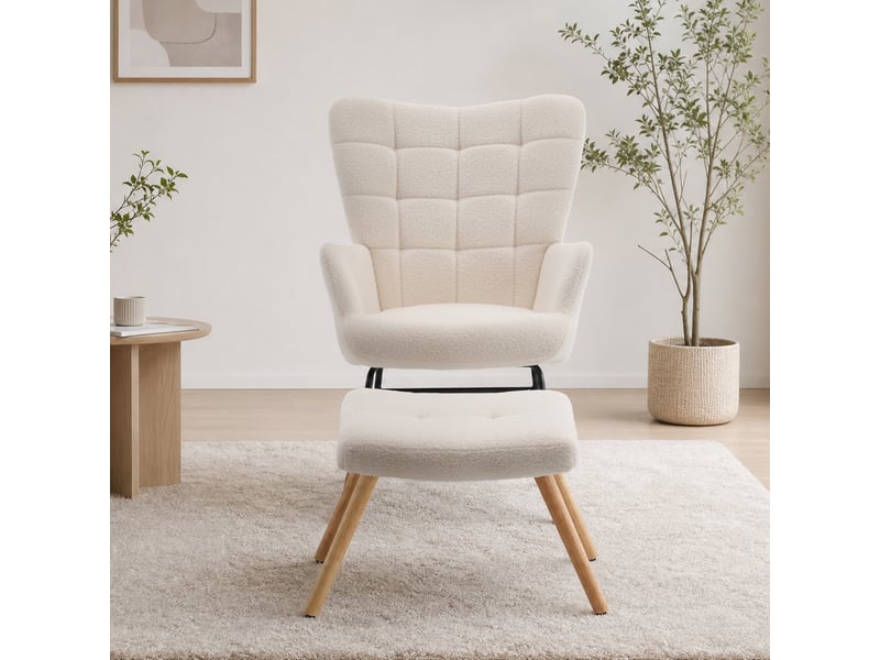  Fauteuil à bascule 91 cm avec repose-pieds, structure en métal sherpa beige  - Conforama B
