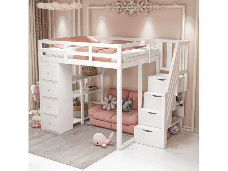  Lit mezzanine 140x200cm, li enfant avec 4 tiroirs, étagères, escalier, espace de rangement et sommier, pin+mdf blanc, sans matelas  - Conforama W