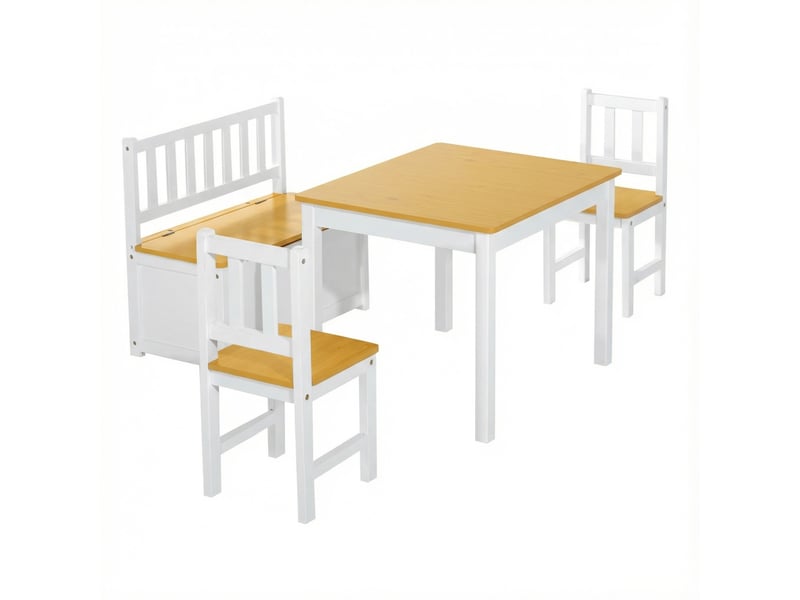 Ensemble table et chaises enfant 4 pièces blanc et naturel avec banc de rangement - Conforama B
