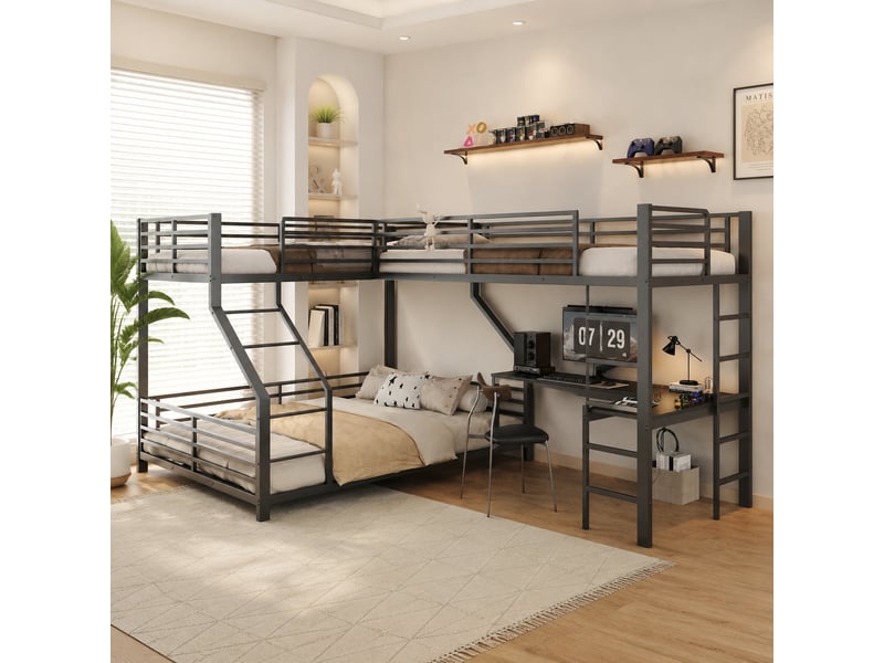  Lit superposé enfant 3 places 90140×200 cm lit simple lit double en fer avec bureau prises ports usb pour garçon fille, noir  - Conforama D