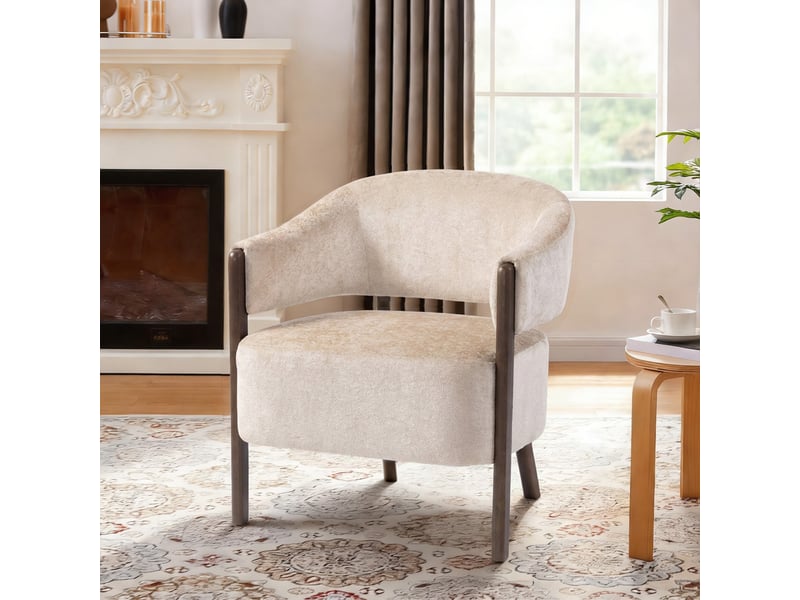  Fauteuil de salon en chenille assise large accoudoirs beige  - Conforama D