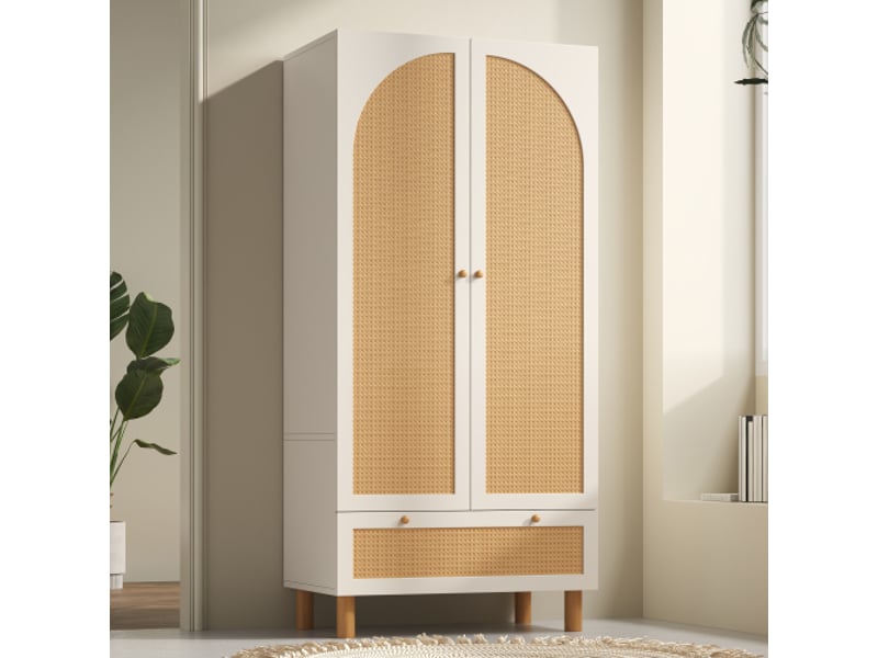  Armoire de chambre style campagne à 2 portes avec rotin, 1 tiroir, étagères réglables et barre de penderie, blanc, 85,5×52×180,5 cm  - Conforama B