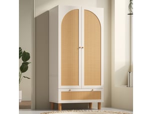 Armoire de chambre style campagne à 2 portes avec rotin, 1 tiroir, étagères réglables et barre de penderie, blanc, 85,5×52×180,5 cm