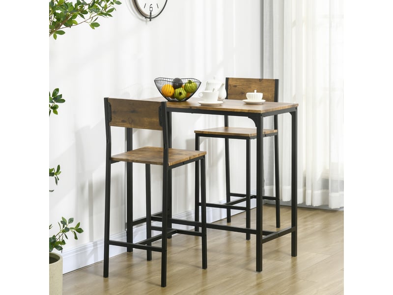  Ensemble bar 3 pièces, table haute, 2 chaises, mdf, structure en métal, imperméable, marron  - Conforama C