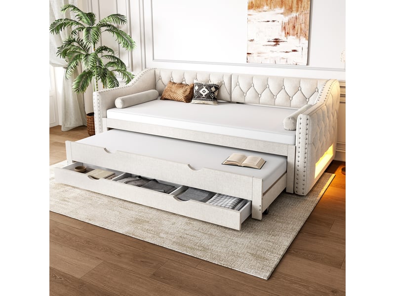  Lit gigogne rembourré 90x200 cm coloris beige led lin lit enfant beige - Conforama B