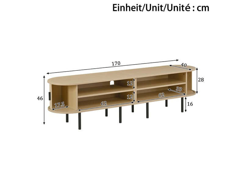  Meuble tv elliptique effet bois portes coulissantes rainurées 2 niches ouvertes pieds métal mdf passe-câbles salon moderne  - Conforama E