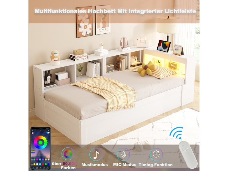  Canapé-lit 90x200 cm, lit enfant, couchage d'appoint, rangement hydraulique, led, bois blanc, prise intégrée  - Conforama R