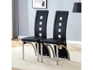 Lot de 2 chaises de salle à manger à dossier ajouré - assise rembourrée, pu noir et métal argenté, 102,5 cm