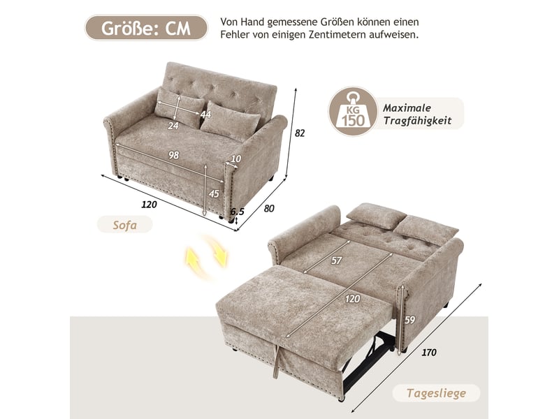  Canapé droit convertible 2 places en tissu taupe, dossier réglable 3 positions et couchage d'appoint 170x98 cm  - Conforama C