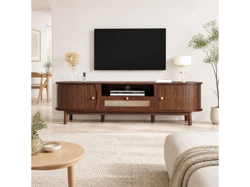  Meuble tv avec porte coulissante, tiroirs et rangements ouverts, pour salon, mdf, marron, 165 x 37 x 46 cm  - Conforama B