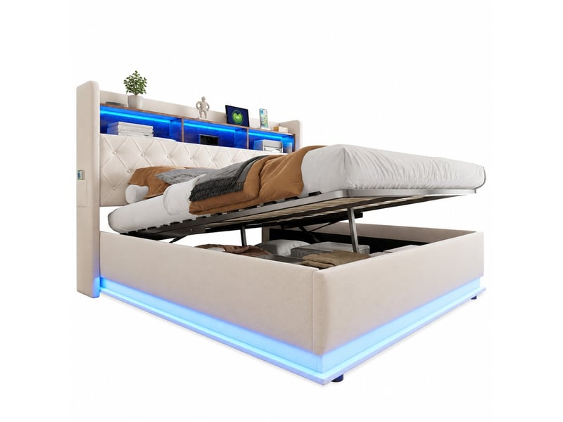  Lit coffre adulte 180x200 cm – beige – led multicolores, port usb et rangement hydraulique – sans matelas  - Conforama A