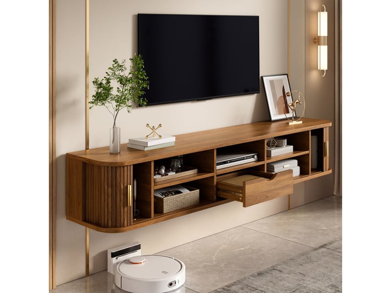  Meuble tv suspendu noyer 175cm avec portes coulissantes nervurées, meuble tv mural avec led contrôlable par application, design arrondi.  - Conforama W