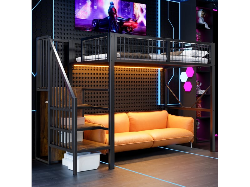  Lit mezzanine 90x200 cm avec échelle de rangement, éclairage led et barrière de sécurité, en métal, noir, sans matelas  - Conforama B
