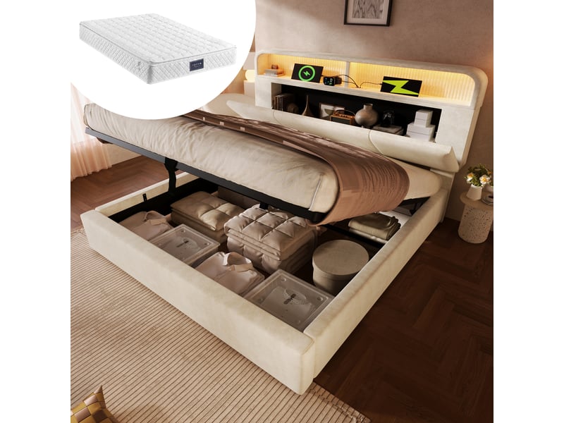  Lit coffre, lit double 140x200 cm, rangement hydraulique, tête de lit avec rangement, led, usbusb-c, matelas inclus, velours beige  - Conforama A
