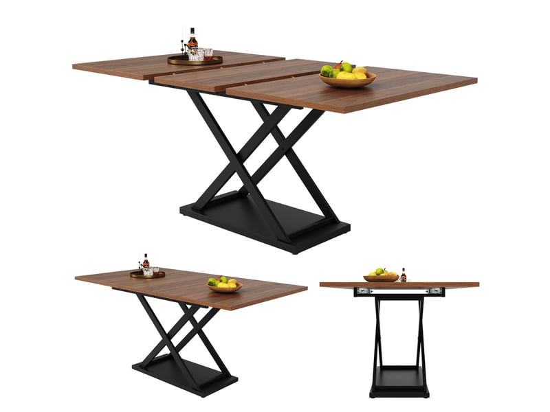  Table extensible (120)160×80x75cm avec pieds en métal à design croisé, style naturel, pour salon, mdf, noyer et noir  - Conforama E