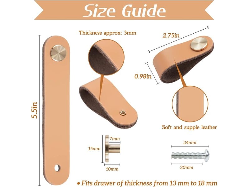  Pack de 4 tirants en cuir beige, poignées modernes pour meubles, cuisine et portes  - Conforama D