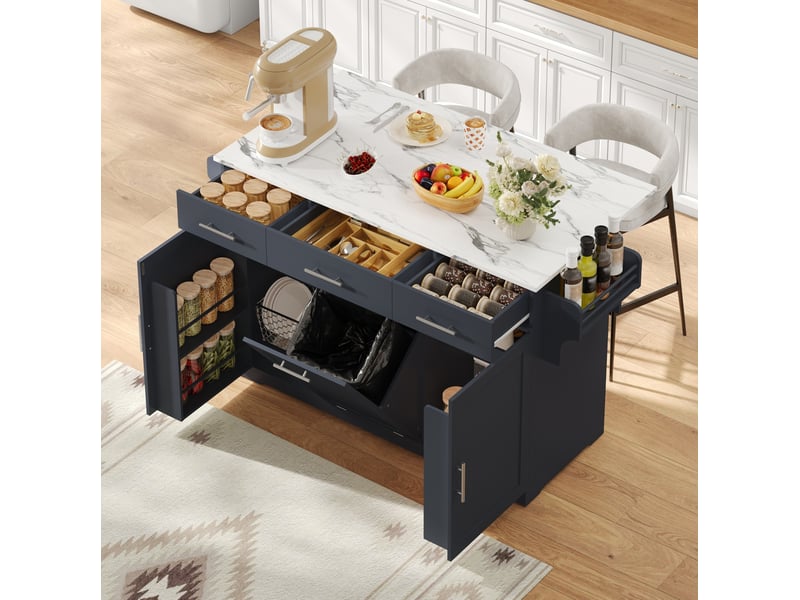  Desserte de cuisine à roulettes avec 3 tiroirs, rangements de porte, poubelle et prises, en mdf gris, 136 × 75 × 92 cm  - Conforama C