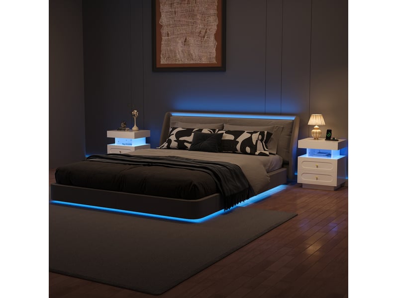  Table de chevet led 100x40x60 cm 2 tiroirs 1 rangement ouvert panneau de particules blanc  - Conforama C
