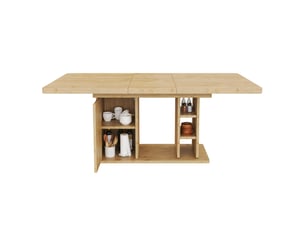 Table à manger extensible 140180x80 cm en mdf finition chêne, rangement et plateau épais 3 cm, style scandinave, 6-8 pers.