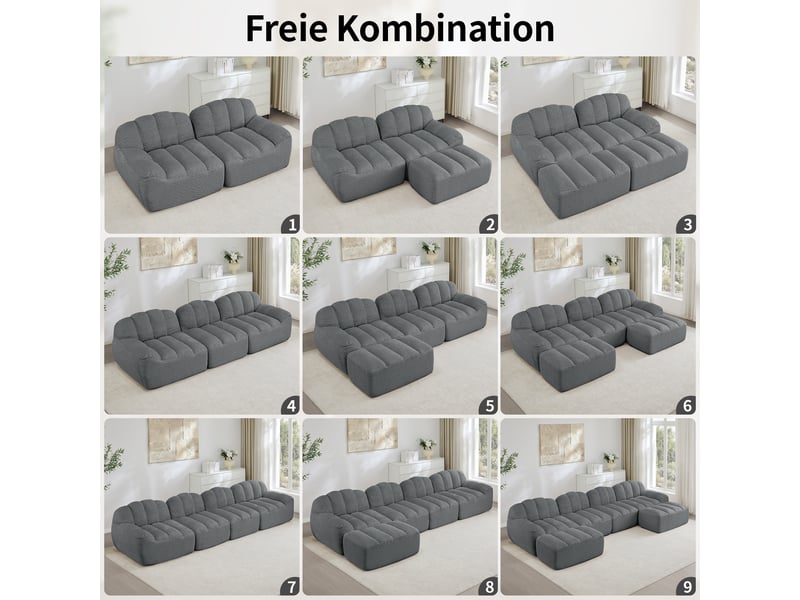 Canapé d’angle coquille 4 places avec pouf gris – 366 x 165 x 79 cm Fay Lum - Conforama W