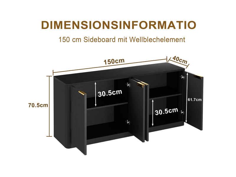 Buffet avec 4 portes et rangement pour salon en mdf, poignées en métal, noir, longueur 150 cm - Conforama E